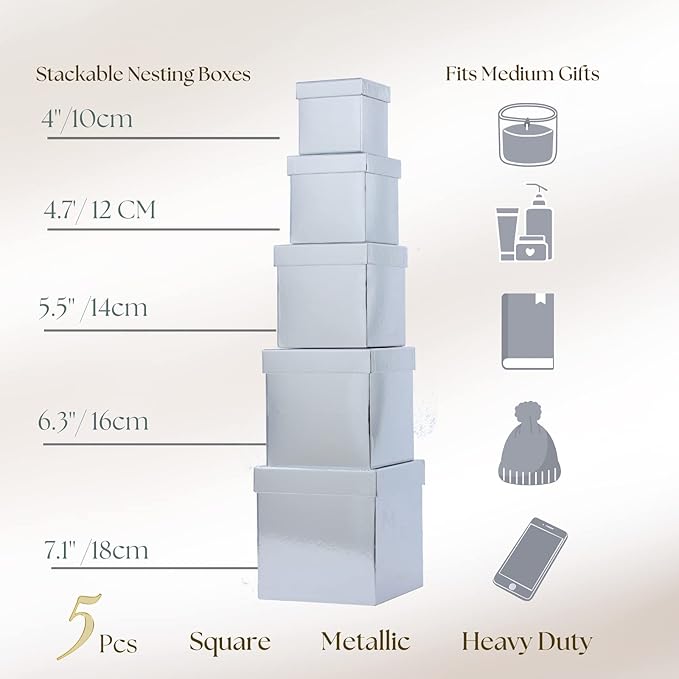 UNIQOOO 5Pcs Metallic Silver Christmas Gift Box Set with Lid, Assorted Size, Silver Square Nested Wedding Keepsake Card Gift Box, Paper Box Tower Organizer For Party, Thanksgiving, Gift Wrap Packaging