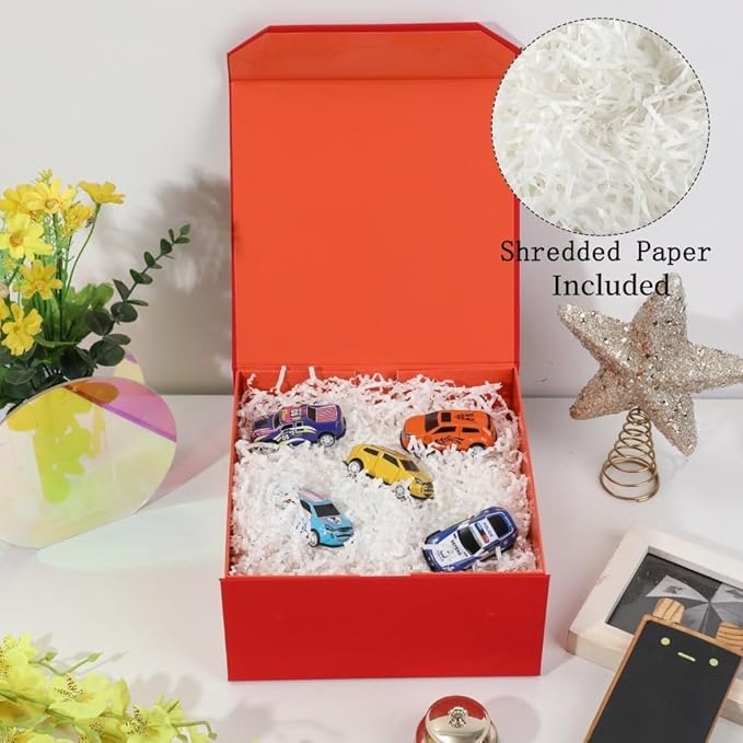 6 Pcs Small Red Gift Box 8x8x4 Inch Magnetic Gift Box Small Magnetic Box with Crinkle Paper Red Small Gift Box with Shredded Paper Luxury Gift Boxes with Lids for Presents