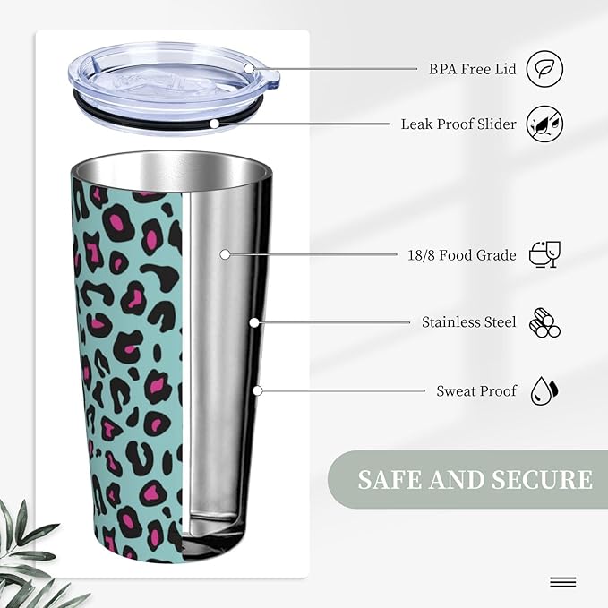 Blue Pink Leopard Tumbler,Leopard 20oz Stainless Steel Insulated Travel Tumblers,Travel Coffee Mug with Lid and Straw Water Bottle Drink Tumbler Cups Gifts for Women Men Lovers