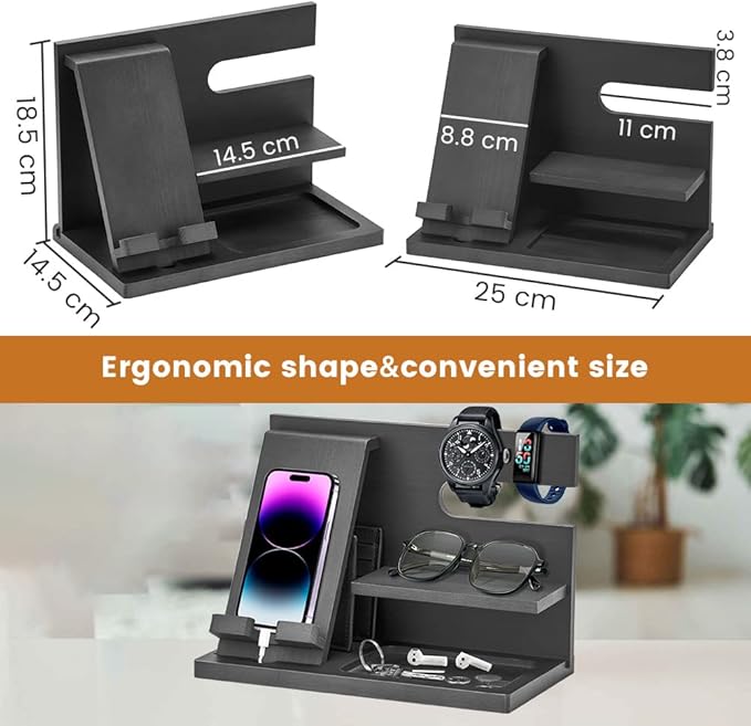Wood Phone Docking Station - Gifts for Men Desk or Nightstand Organizer - Birthday Gifts for Husband, Fathers Day for Dad - Anniversary Idea from Wife - Key Holder, Stand Wallet, Watch & Essentials