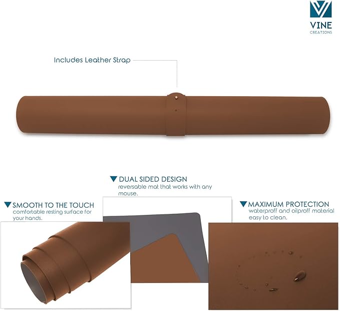 Vine Creations Leather Desk Pad - Large 44" x 22", Desk Protector, PU Leather, Brown