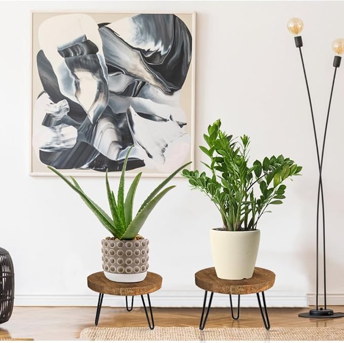 Plant Stand Indoor Outdoor, Wooden plant Stool, Mid Century Plant Stand for Indoor Plants, Wood Modern Plant Holder Rattan Flower, Low Short Boho Rustic Planter Stand Fit 5-15 Inch Pot(M)