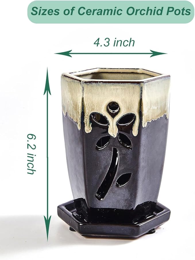 vensovo 4 Inch Ceramic Orchid Pots with Holes and Saucers - 1 Pcs Small Hexagon Succulent Pot for Repotting, Garden Flowerpots for Plants Indoor and Outdoor Promotes Air Circulation, (Black Mixed)