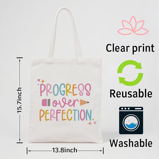 Inspirational Canvas Tote Bag, Progress Over Perfection Tote Bag, Casual Canvas Totes for Work Traveling, Reusable Grocery Shoulder Shopping Bags, Christmas Gifts to Women Friends