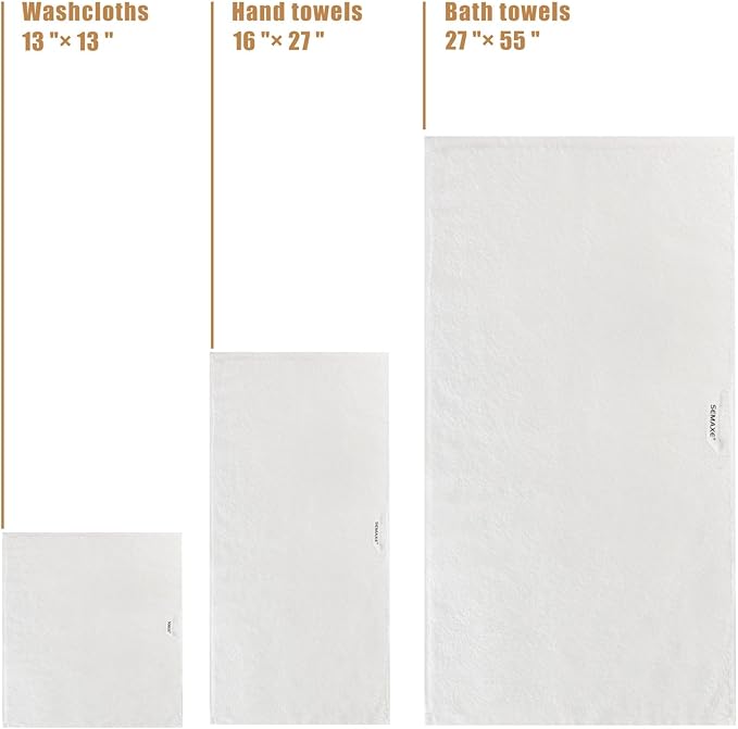 SEMAXE 18-Pack Bath Towel Set Include 6 Bath Towels, 6 Hand Towels, 6 Wash Cloths, 100% Cotton Bathroom Towels with Hanging Loops and Nano-Bio Lifecycle Labels, Soft and Absorbent Towel, White