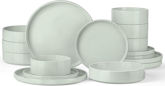 Onader Speckled Dinnerware Set for 4 with Pasta Bowl, 16 Piece Stoneware Plates and Bowls Dishes Set, Microwave & Dishwasher Safe – Pale Sage Green