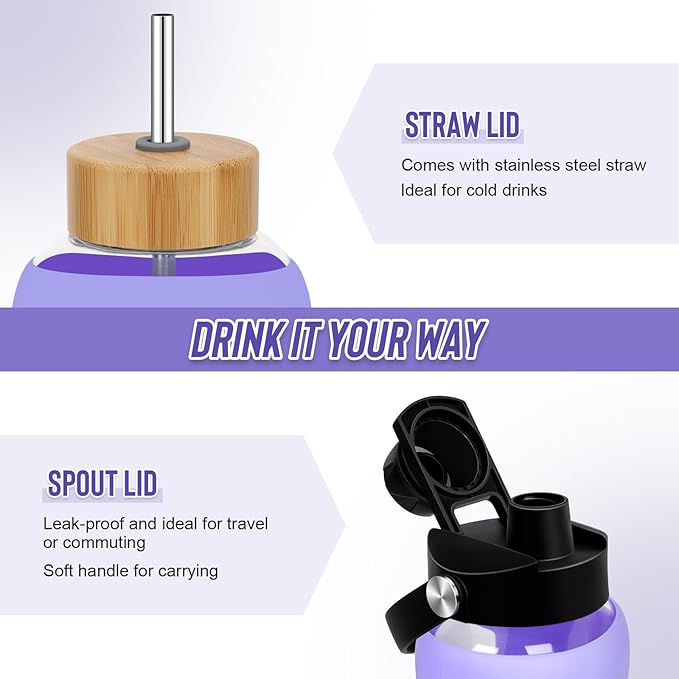 Glass Water Bottles 64 oz - Half Gallon Large Motivational Daily Water Intake Bottle Time Marker - Glass Water Bottle With Straw, Silicone Sleeve 2 Lids, Handle Spout & Bamboo Lid(Purple)