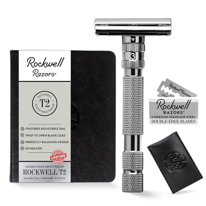 Rockwell T2 | Twist-To-Open (TTO) Double-Edge Safety Razor | Full Metal | Includes 5 Fully Recyclable Stainless Steel Blades (Gunmetal Chrome)