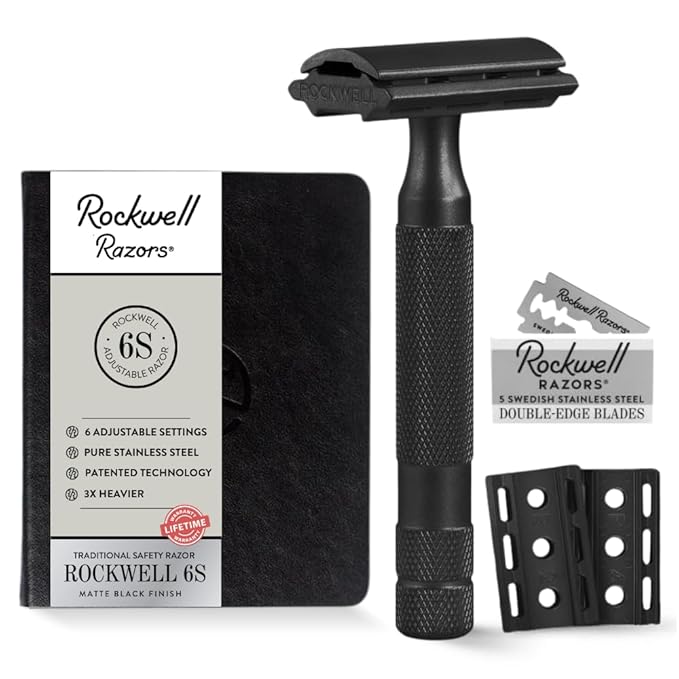 Rockwell Razors 6S Black Stainless Steel Safety Razor. Adjustable Single Blade Razor With 6 Shave Settings and 5 Recyclable Blades. Custom Shaves For Men and Women. Reduces Razor Burn and Irritation.
