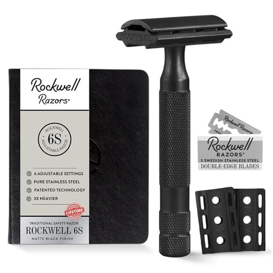 Rockwell Razors 6S Black Stainless Steel Safety Razor. Adjustable Single Blade Razor With 6 Shave Settings and 5 Recyclable Blades. Custom Shaves For Men and Women. Reduces Razor Burn and Irritation.