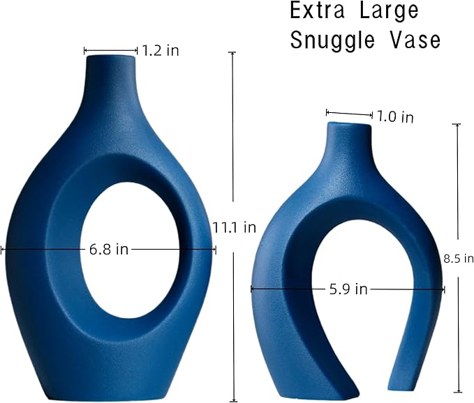 Snuggle Hollow Ceramic Vase Set of 2, 11 inch Hug Donut Modern Nordic Boho Style Vases for Home Decor Anthropologie Aesthetic Living Room Shelf Entryway Table Decorative (Navy Blue)