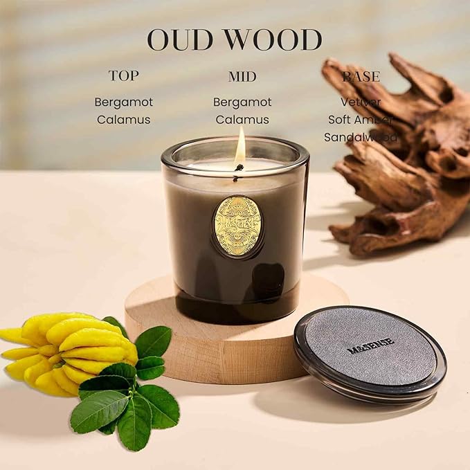 M&SENSE Natural Soy Candle | Oud Wood & Black | 9.2 oz, 50H Burn Time | Luxury Scented Candle for Relaxation, Gifting, Home Décor | Ideal for Bedroom, Office, Party Ambiance