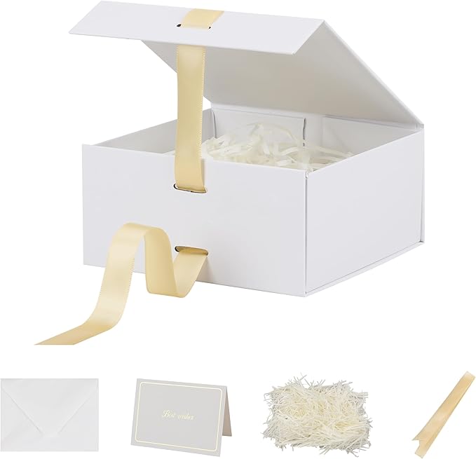 Small Gift Boxes with Lids 5 Pack 6X6X3 Inch White Gift Box with Ribbon Foldable Gift Boxes for Presents、Anniversary Gifts、Bridesmaid Proposal Box、Shredded Paper Filler & Cards