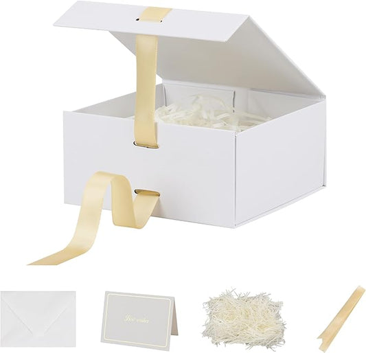 Small Gift Boxes with Lids 5 Pack 6X6X3 Inch White Gift Box with Ribbon Foldable Gift Boxes for Presents、Anniversary Gifts、Bridesmaid Proposal Box、Shredded Paper Filler & Cards