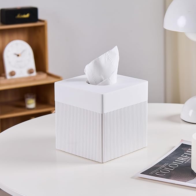 White Tissue Box Cover Square Resin Tissue Holder for Home Decor, Hand Poured Marble Ribbed Cube Tissue Box Holder – 5.5 Inch Heavy Duty Luxury Tissue Box Case for Bathroom, Living Room, Office