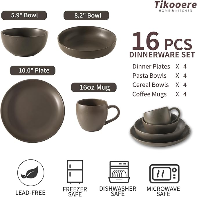 Dinnerware Sets, Stoneware Plates and Bowls Sets, Farmhouse 16 Piece Dish Set for 4, Ceramic Plates Set with Mugs for Kitchen, Scratch Resistant, Dishwasher & Microwave Safe, Matte Black
