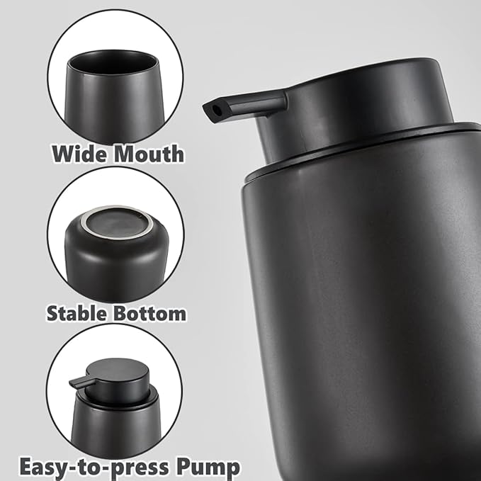 12Oz Black Soap Dispenser - Modern Ceramic Lotion Hand Soap Dispenser with Easy-to-Press Black Pump, Reusable and Refillable Liquid Dish Soap Dispenser for Bathroom & Kitchen