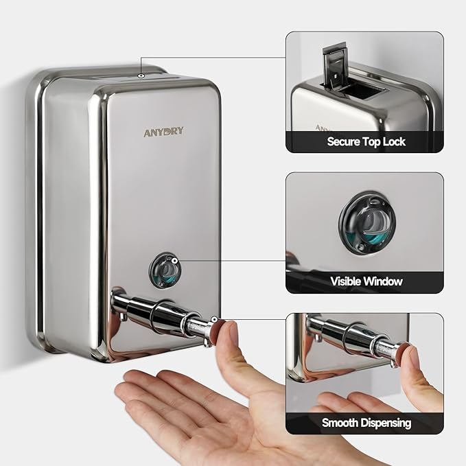 Commercial Soap Dispenser Wall Mount, Polished Stianless Steel Finish Manual Soap Dispenser - 37oz (1100ml) Model 1003