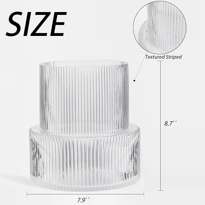 Ribbed Glass Vase, Large Glass Vase for Flowers, Fluted Glass Vases, Clear Glass Vases for Living Room, Office, Dining Table, Entryway, Mantle, Shelf, Wedding, 9 Inches