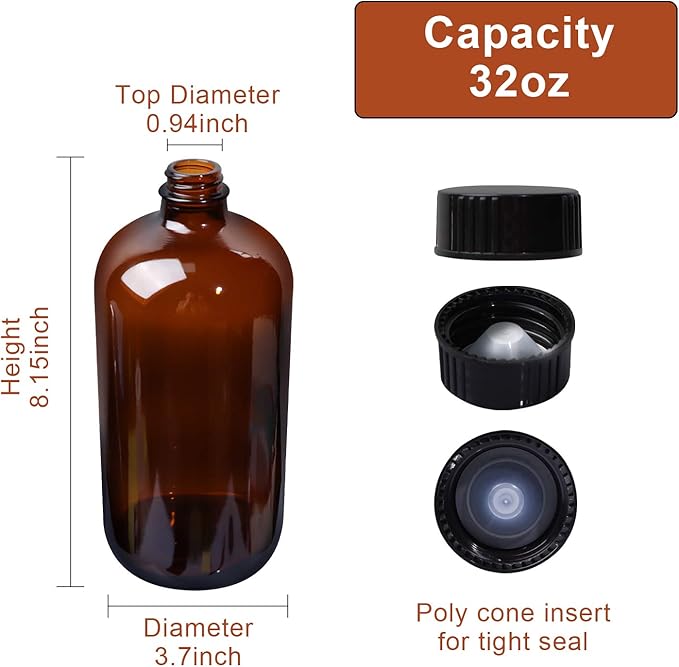 4 Pack 32 oz Amber Boston Round Glass Bottles with Black Caps for Secondary Kombucha Fermentation and Lab Chemicals (1 Funnel and 10 Pieces Black Chalkboard Labels Included)