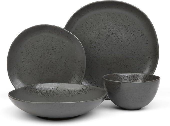 Trasa Home by Larder & Vine, Eco-Friendly High Fired Artisan Stoneware, Organic & Modern Dinnerware, 16 piece set, 4 place settings (Charcoal)