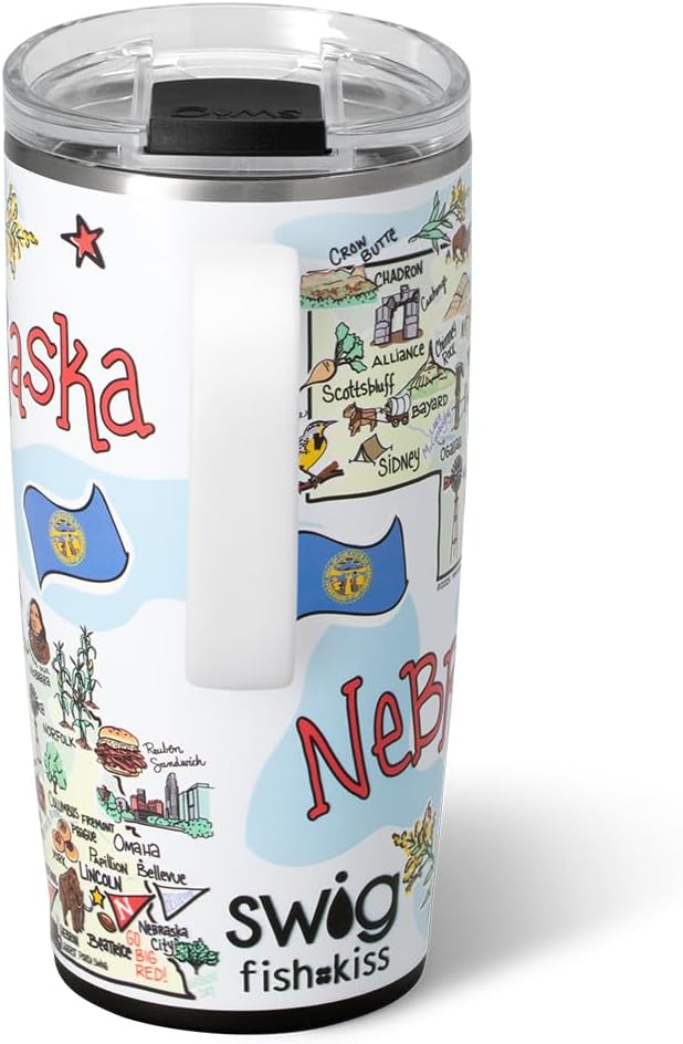 Swig Life 22oz Travel Mug, Insulated Tumbler with Handle and Lid, Travel Coffee Mug, Cup Holder Friendly, Stainless Steel 22 oz Tumbler, Reusable Insulated with Lid (Nebraska)