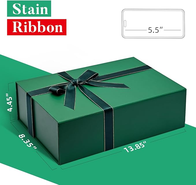 LIFELUM Christmas Gift Box for Presents 1 Pack 13.85 x 8.35 x 4.45 inch Big Decorative Green Gift Box for Clothes with Magnetic Lids Luxury Accessories Card, Ribbon, Filler,Sticker