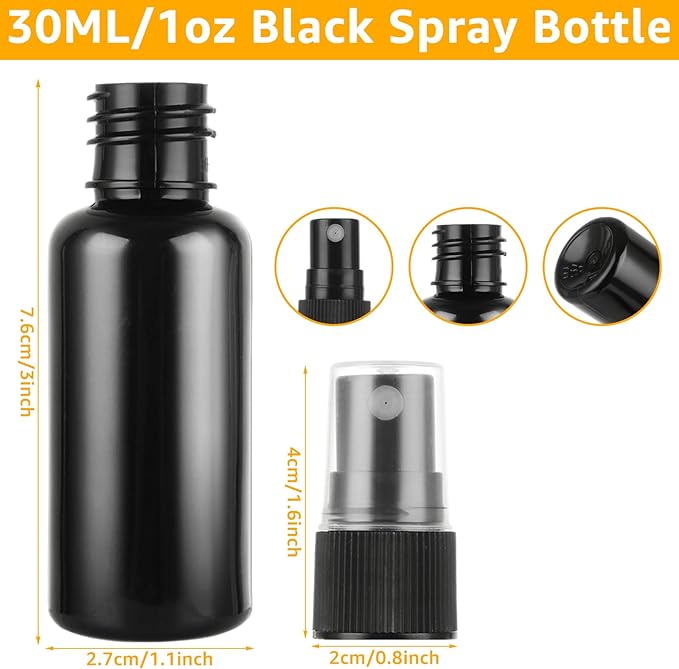 60 Pack 1 oz Spray Bottle, Black Spray Bottle with Small Fine Mist Spray and Plastic Cap, Refillable for for Essential Oils, Bath, Beauty, Hair & Cleaning