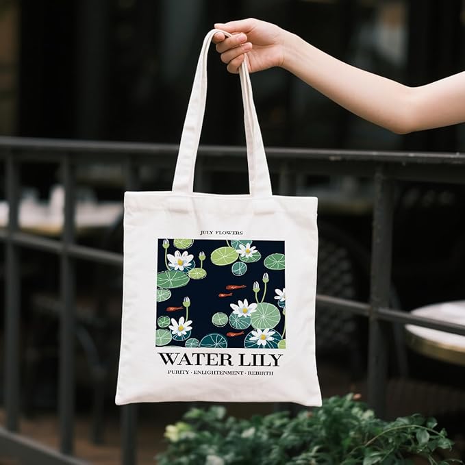 Flower Canvas Tote Bag, July Water Lily Reusable Shoulder Bags, Christmas Gifts to Sister and Friends, Holiday Gift Bags for Wrap Storage, Casual Canvas Totes for Work Traveling
