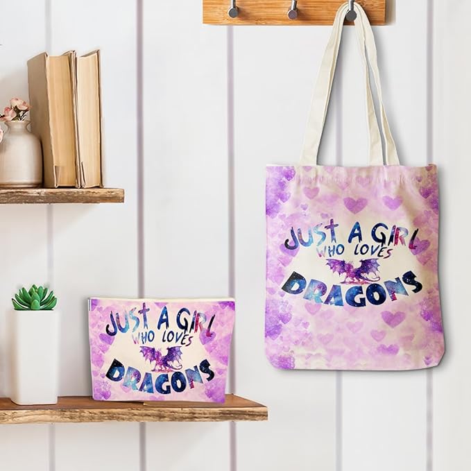 jeilink A Girl Loves Dragons Dragon Gifts Dragon Stuff Decor Canvas Tote Bag Makeup Bag Gifts for Women Girls Sister Friend Birthday Friendship Christmas Weekender Beach Shopping Bags for Work Office
