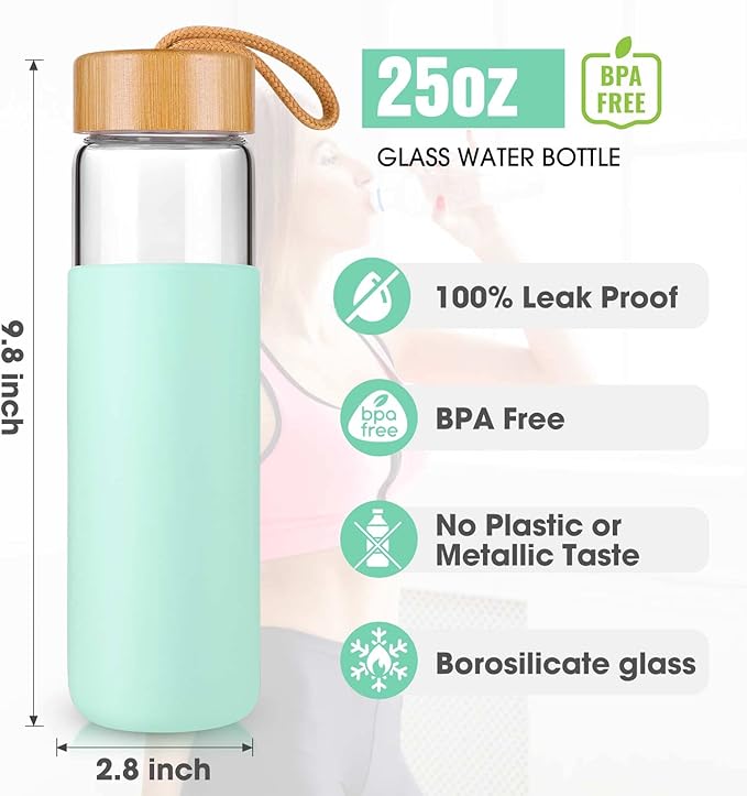 Borosilicate Glass Water Bottles with Silicone Sleeve BPA Free, Dishwasher Safe - Reusable Clear Glass Drinking with Leak Proof Bamboo Lid (Pure Blue, 25 Ounces)