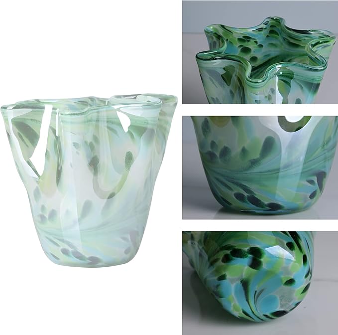 Hand Blown Glass vase Decorative, Teal Wide Mouth Petal vase, Modern Art Design Decorative vase for Home Decor Living Room, Console Centerpiece, Table and Wedding.huaban (E-3)