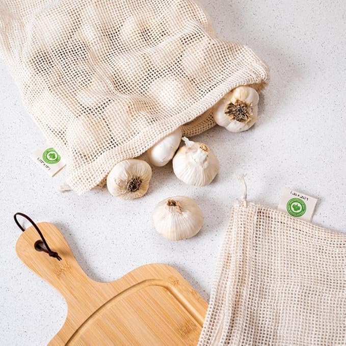 Reusable Garlic Storage Bags - Organic Cotton Garlic Mesh Bags with Drawstring - Washable Garlic Holder Storage - Net Garlic Keeper Sacks - Onion Potato Storage Bags - Root Vegetable Sacks (3 Large)