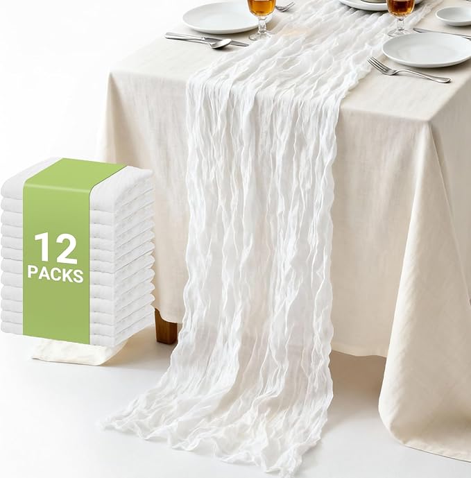 Suream 12 Packs Cheese Cloth Table Runner, 35 x 120 Inch Long Table Runner for Wedding Party Baby Shower Birthday Home Decorations(White)