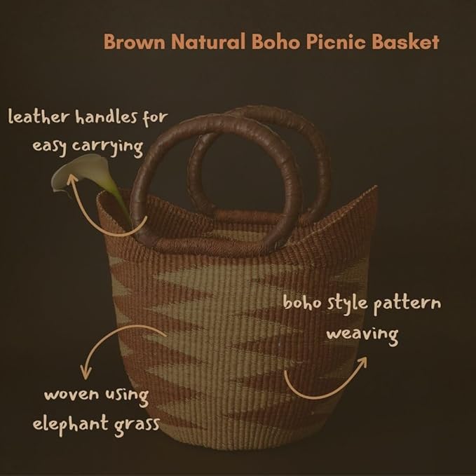 Brown Natural Picnic Basket, Reusable Grocery Bag, Kitchen & Dining Storage, Countertop Fruits Holder, Farmers Market, Beach, Harvesting, Foraging, Decorative, Wicker, Woven, Boho Style