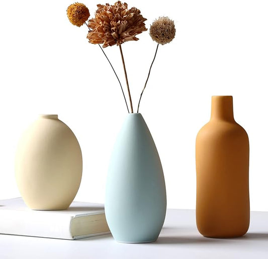 Abbittar Ceramic Vase Set of 3, Minimalist Flower Vase for Rustic, Modern Farmhouse, Living Room, Shelf, Table, Bookshelf, Mantel and Entryway Decor - Multicolor