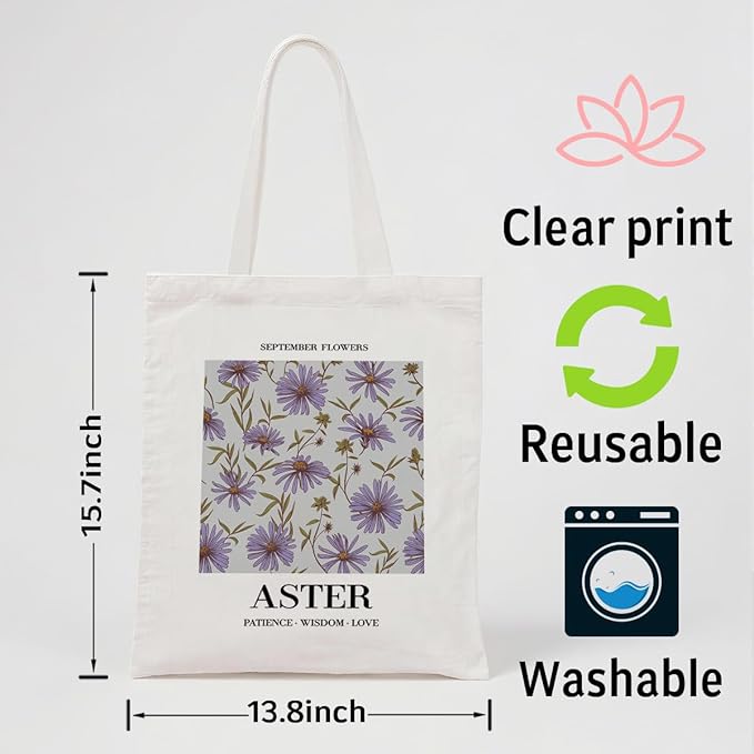 Flower Canvas Tote Bag, September Aster Reusable Shoulder Bags, Christmas Gifts to Sister and Friends, Holiday Gift Bags for Wrap Storage, Casual Canvas Totes for Work Traveling