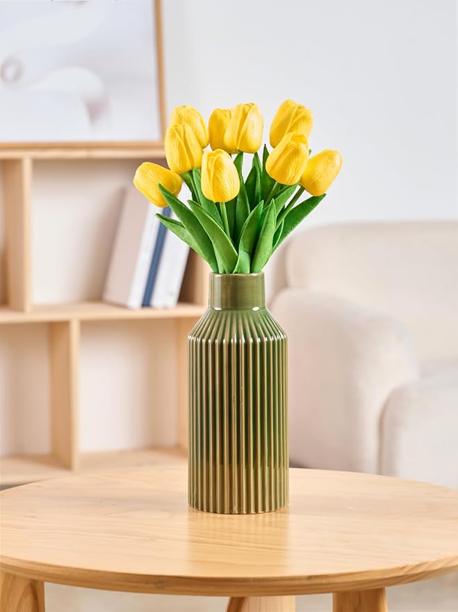 Green Ceramic Flower Vase, Minimalist Home Decoration, 8 Inch Small Pampas Grass Vases for Kitchen, Bedroom, Office, Living Room, Bathroom, Shelf Centerpiece Table