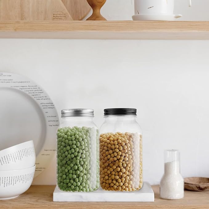 novelinks 32 oz Plastic Food Storage Jars with Metal Lids – 6 Pack BPA-Free Clear Airtight Containers for Pantry, Spices, Snacks, Kitchen & Bathroom Organization – Leak-Proof Reusable Jars (Silver)