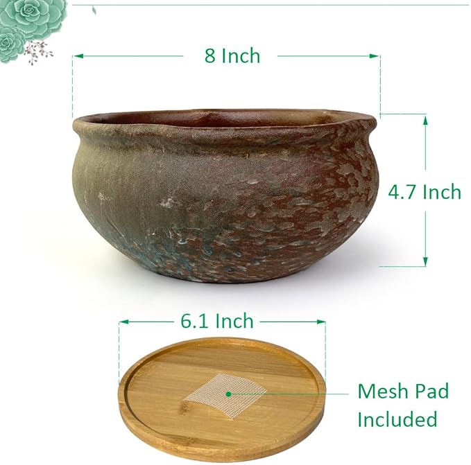8 Inch Glazed Terracotta Plant Pot Round Ceramic Succulent Planter Pot with Drainage and Saucer Cactus Clay Pot Bonsai Pot (Brown)