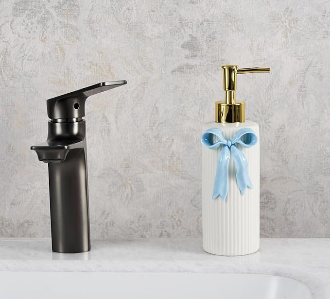 Handmade Ceramic Bow Soap Pump Dispenser Hand Lotion Liquid Dispenser Refillable for Kitchen and Bathroom Decorative (Ribbon Blue)