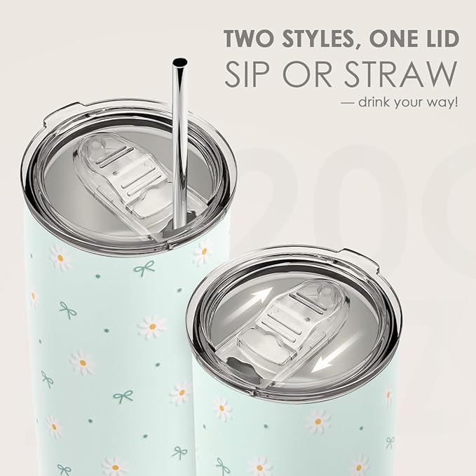 SANDJEST Daisy Tumbler 20oz, Stainless Steel Travel Cup with Lid, Floral Insulated Coffee Mug, Daisy Gifts for Women Girls Friends Sisters on Birthday Christmas