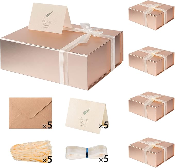 LIFELUM 5 Pack Gift Boxes 13.85 x 8.35 x 4.45 inch Large Gift Boxes with Magnetic Lids Rose Gold Contains Card,Sticker,Ribbon, Shredded Paper Filler for Graduation Weeding Gifts