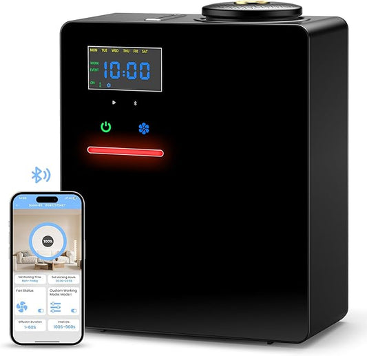 Waterless Essential Oil Diffuser 5000 Sq.Ft Coverage for Large Home, Hotel, or Office, 200ml Cold Air Scent Diffuser Machine with Bluetooth App Control, Quiet No-Heat HVAC Fragrance Diffuser
