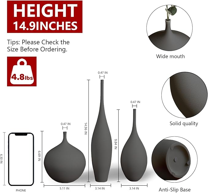 Black Ceramic Vase Modern Boho Wabi-Sabi Flower Vase Set of 3 Decorative Aesthetic Vases for Centerpieces Matte Minimalist Vases for Living Room Table Shelf Home Decor Gift