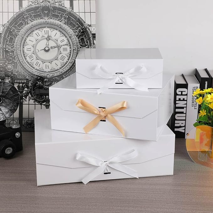 White Gift Box 10x7.3x3.5 Inches, Decorative Box with Ribbon, Empty Gift Box with Lid Magnetic Closure, Groomsman Box, Rectangle Collapsible Gift Boxes for Shirt (Glossy White)
