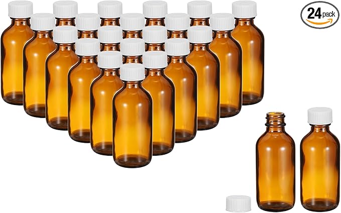 PATIKIL 2oz(60ml) Glass Sample Bottles, 24Pcs Round Bottle Dispensing Bottles with White Poly Cone Cap for Reagent Liquids, Essential Oils, Perfume, Amber