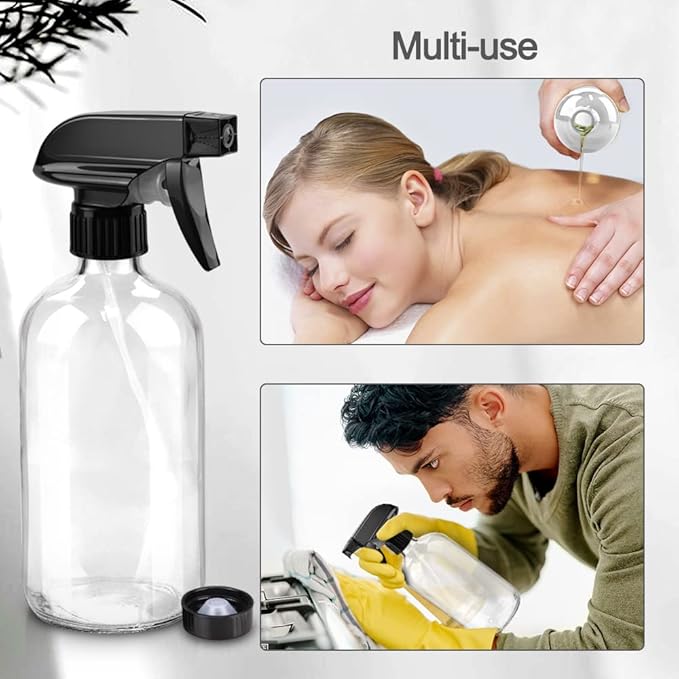 Glass Spray Bottles, 16oz Refillable Containers, Empty Boston Round Bottles with Labels & Adjustable Nozzle for Cleaning, Gardening, Aromatherapy, Pets, Plant, Hair -Clear (1 Pack)