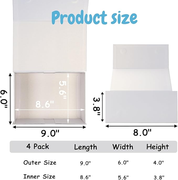 Schliersee 4 Packs 9x6x4 White Gift Box with Lid for Present, Magnetic Gift Box for Wedding, Birthday