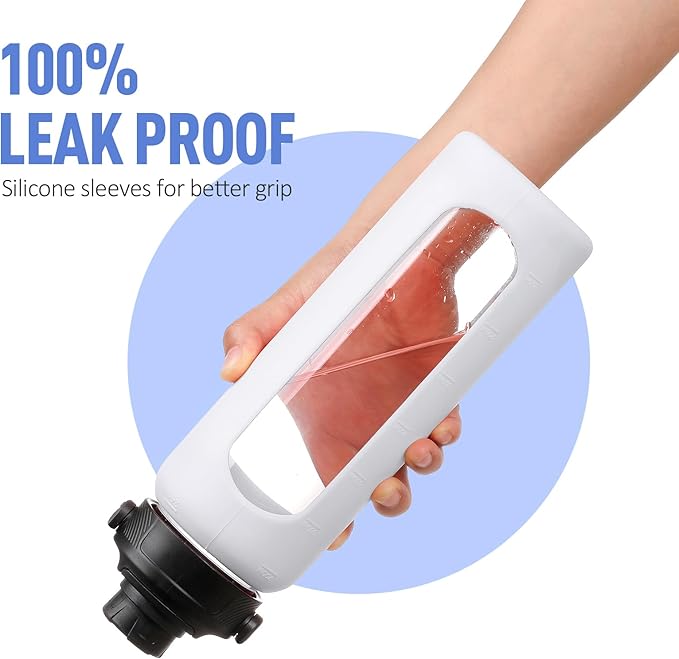 32oz Glass Water Bottle with Straw and 2 Lids- Bamboo and Spout Lid,Motivational Sports Water Bottle with Silicone Sleeve and Time Marker,Reusable for Gym, Outdoors, White